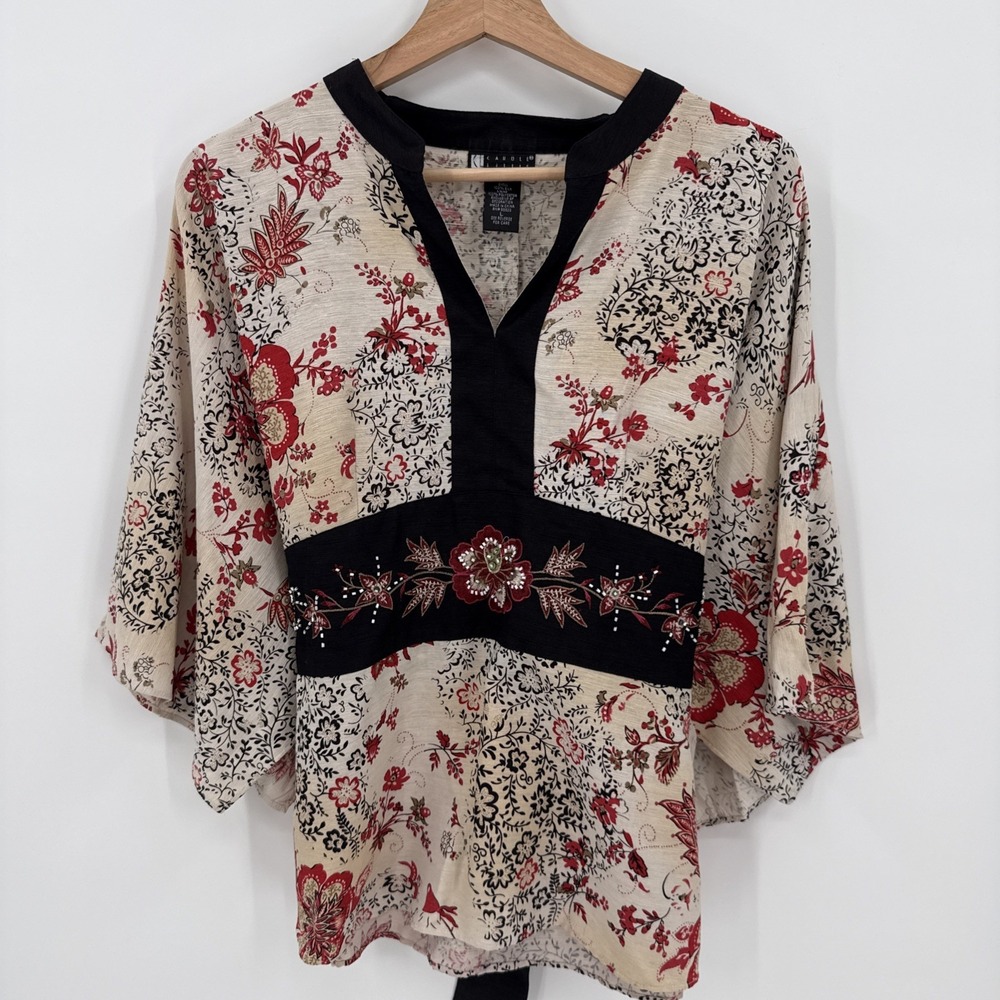 Vintage Carole Little Womens 100% Silk Beaded Kimono Top Large Floral Blouse